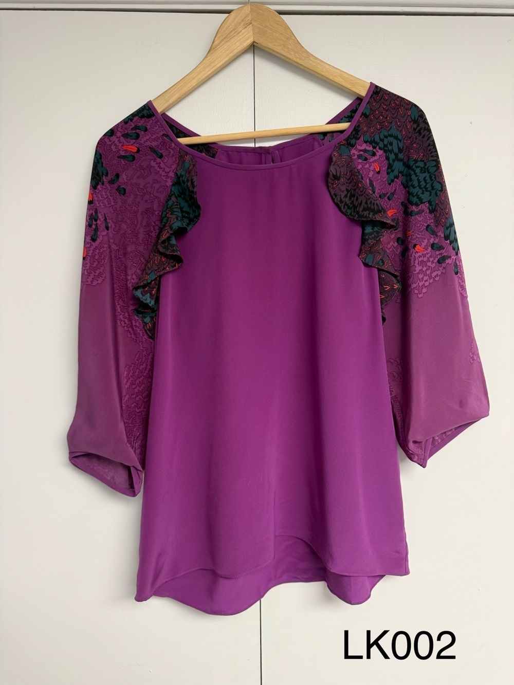 100% Silk Purple Printed Ruffle Blouse Possibly Joie